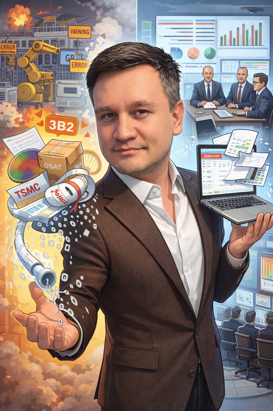 Illustration of Amal Sindarov orchestrating semiconductor supply chain, analytics and ERP systems